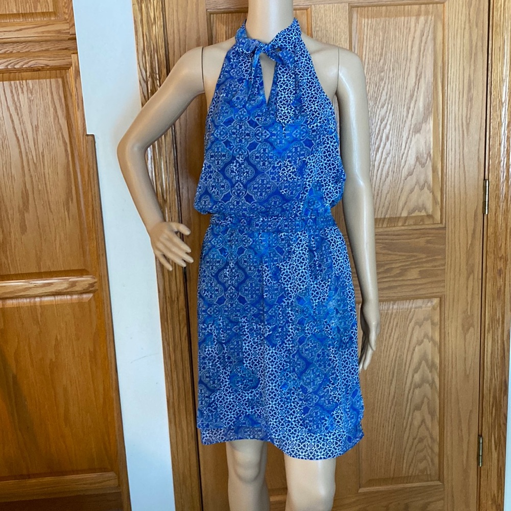 Banana Republic blue mini sleeveless lined sheer dress with neck tie